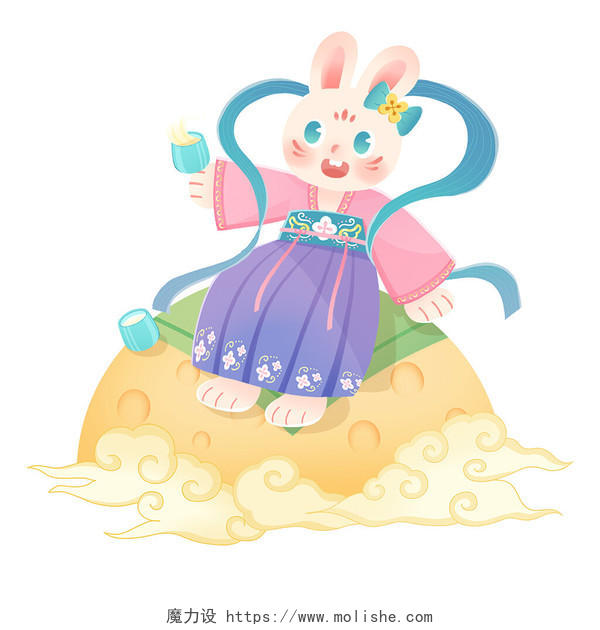 卡通中秋节兔子可爱拟人玉兔在月亮上喝酒